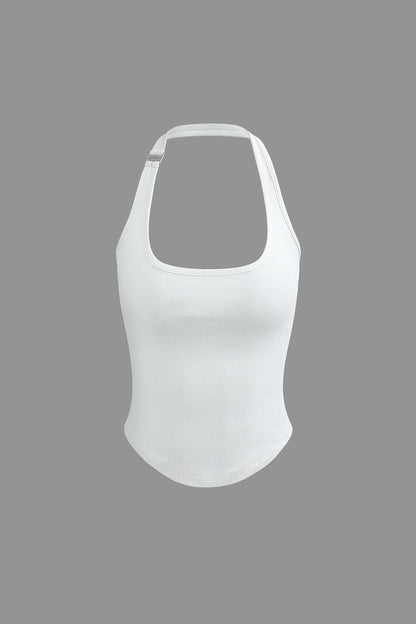 Effen kleur Y2K halter tanktop met gebogen zoom