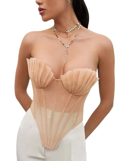 Apricot Pleated Shell Tie Back Mesh Corset Top