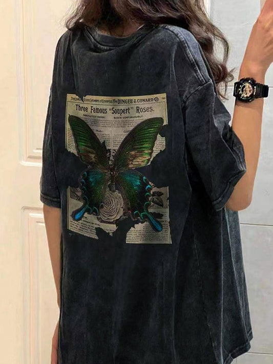 Vintage Oversized Distressed Butterfly Print Short Sleeve Tee