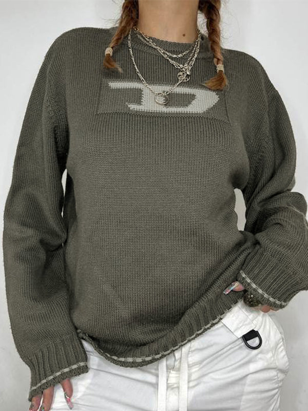 90s Brown Street Graphic Jacquard Crew Neck Knit Sweater