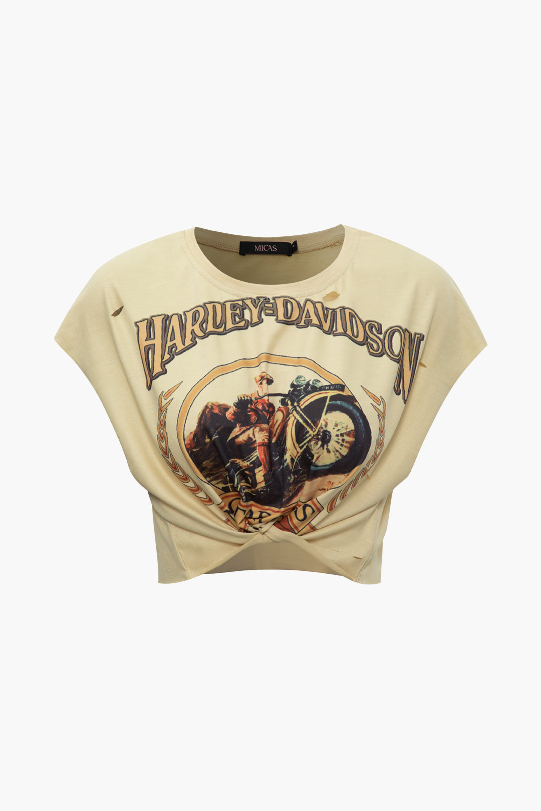 Kaki mouwloos T-shirt met retro motorfiets grafische print