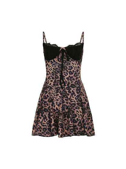 Brown Y2k Halter Leopard Lace Dress