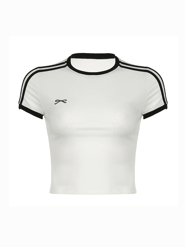 White Y2K Striped Embroidery Short Sleeve Tee – Razys.com