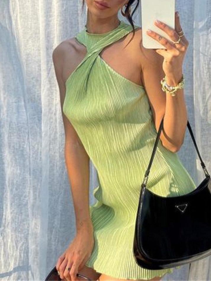 Groene vintage plissé halter korte jurk