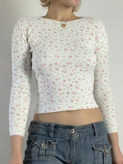 White Vintage Ditsy Floral Print Crew Neck Long Sleeve Knit