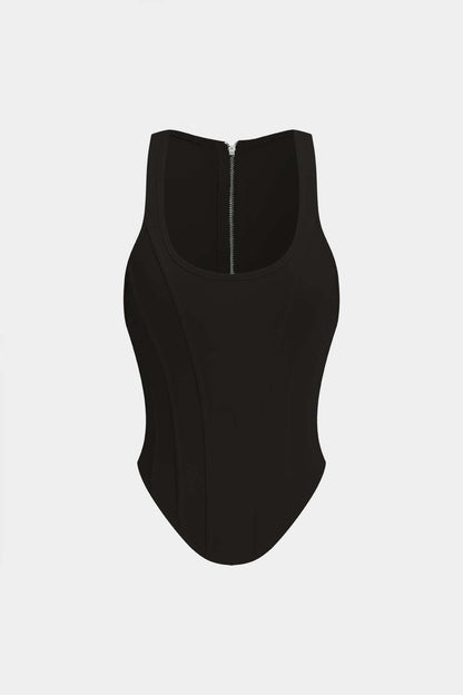 Solid Color 2000s Zipper Tie-Up Corset Waist Tank Top