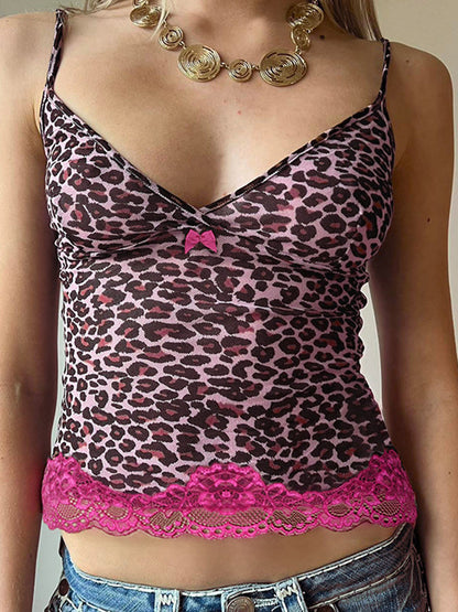 Haut camisole rose à coutures en dentelle Y2k avec imprimé léopard