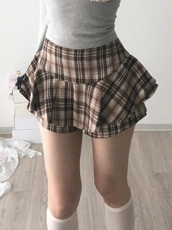 Brown Vintage Contrast Plaid Mini Skirts