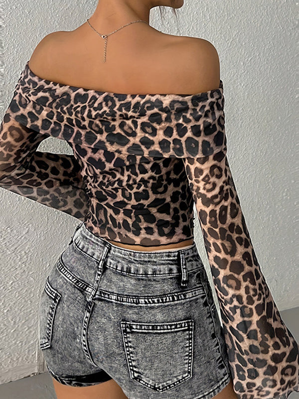 Y2k One Shoulder Leopard Print Long Sleeve Tee