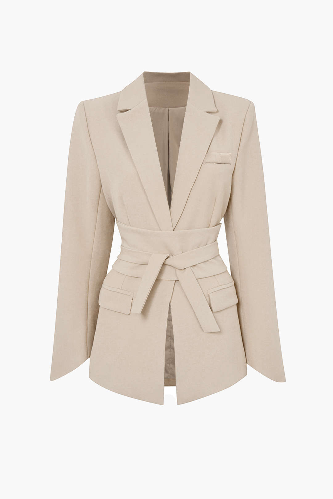 Solid Color Basic Notched Lapel Belted Blazer