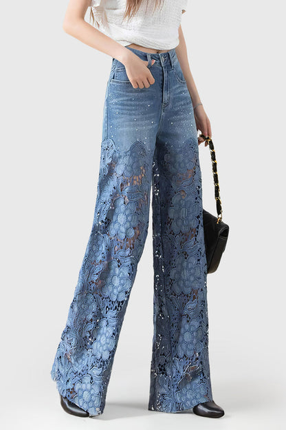 Sky Blue 2000s Lace Cut Out Patchwork Wide Leg Jeans