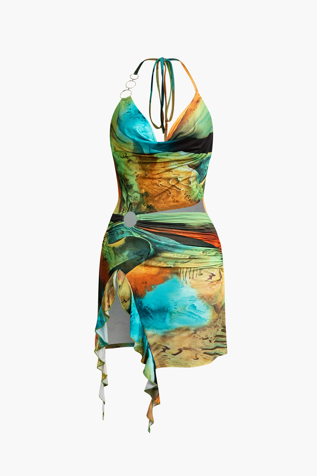 Vintage abstracte print halter col-split mini-jurk met striksluiting