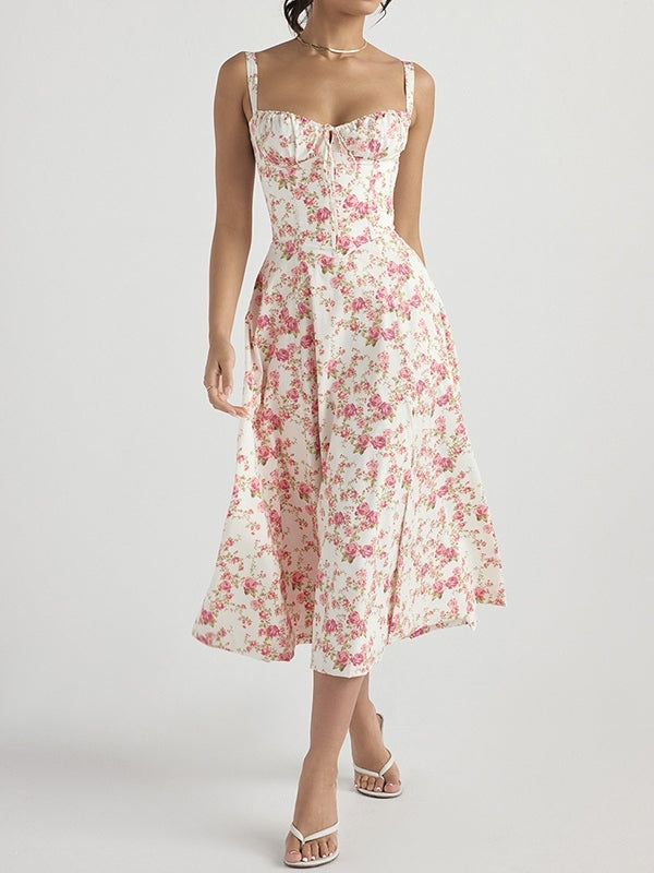 Franse slanke midi-jurk met bloemenprint en knoopsluiting