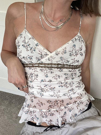 Haut camisole en maille à volants avec coutures en dentelle vintage