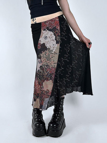 Vintage Dark Flower Print Splice Irregular Design Low Waist Midi Skirt