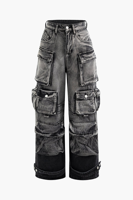 Ombre Punk Wide Leg Cargo Jeans with Multi Pockets