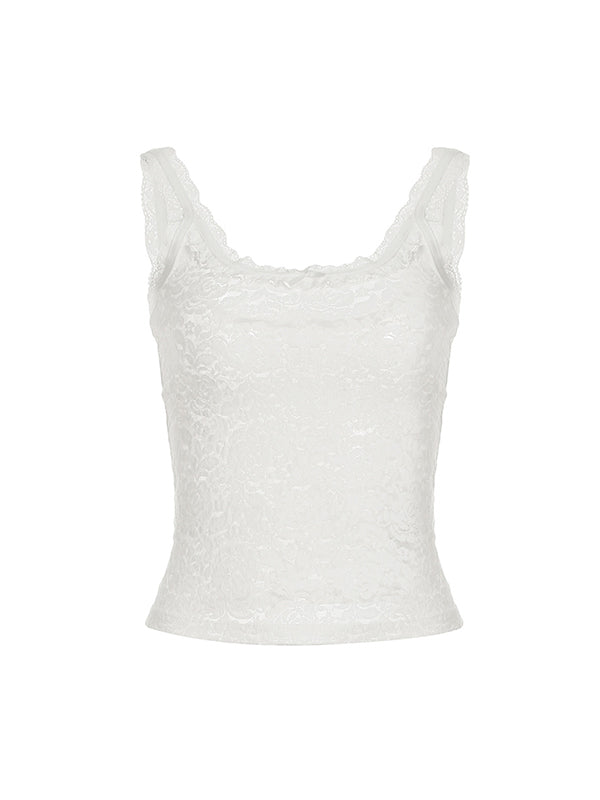 White Vintage Sweet Bow U Neck Lace Tank Top