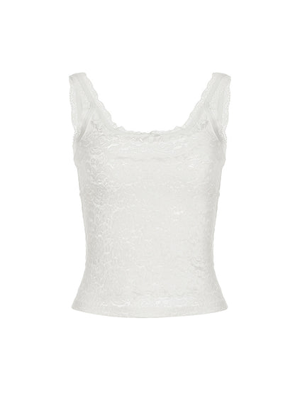 White Vintage Sweet Bow U Neck Lace Tank Top