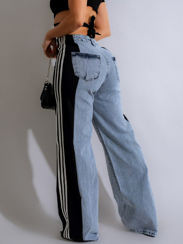 Black 2000s Wide Leg Denim Trousers with Three Stripes