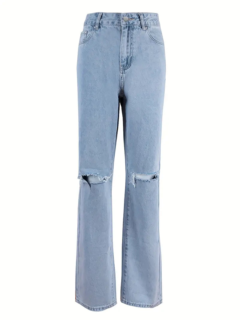 Lichtblauwe boyfriend jeans uit de jaren 2000 met gescheurd ontwerp