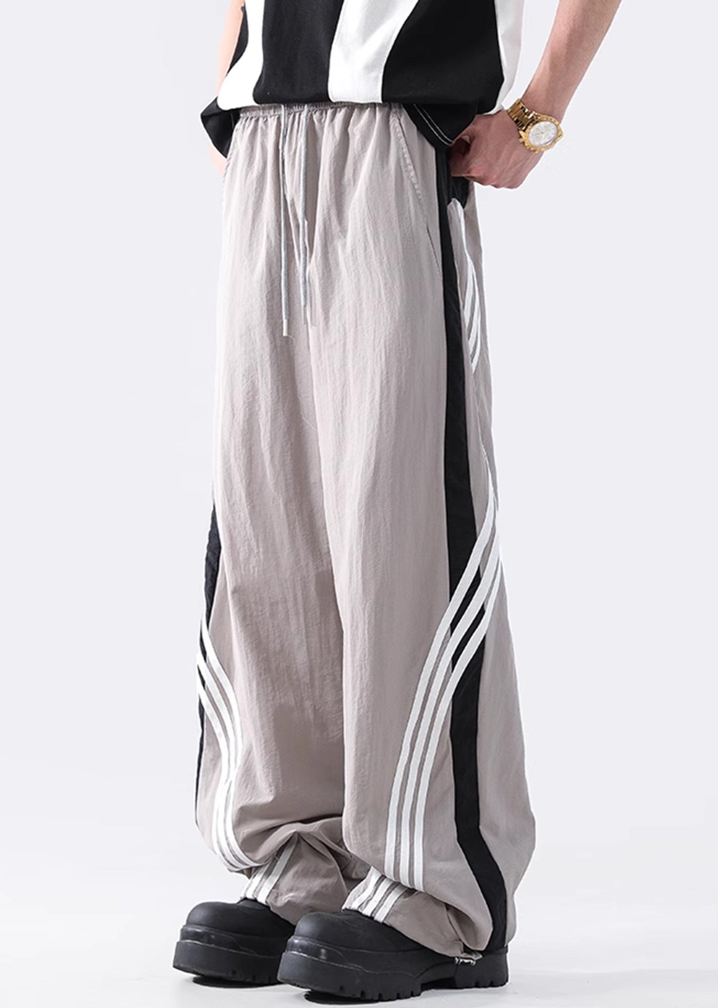 JY Monotone Retro Sport Strip Wide Natural Broek