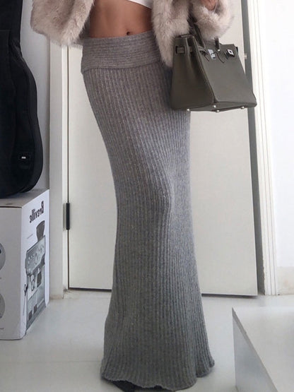 Grey Vintage Turned Waist Low Rise Maxi Skirt