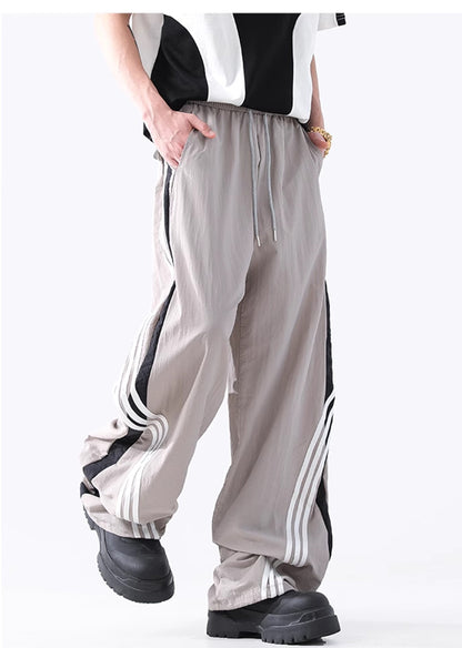 Pantalon large naturel à rayures rétro sport monotone JY