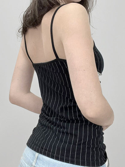 Black Vintage Lace Patchwork Striped V Neck Cami Top