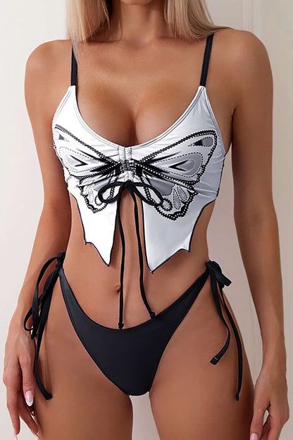 Y2K Butterfly Pattern Lace Up Bikini Set