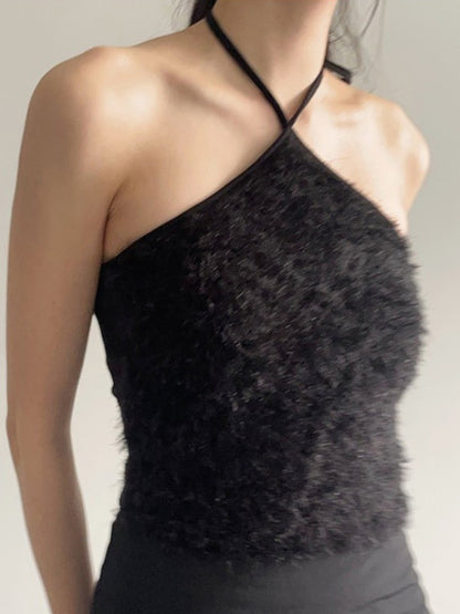 Solid Color Y2k Backless Irregular Fur Halter Vest