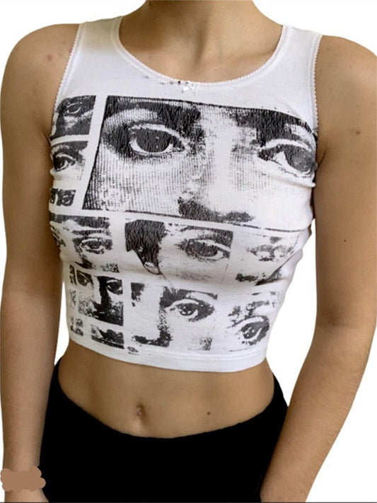 White Crop Tank Top with Staring Eye Graphic