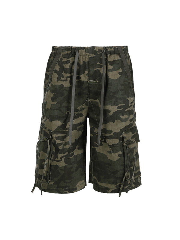 2000s Camouflage Trekkoord Denim Shorts met Driedimensionale Zak