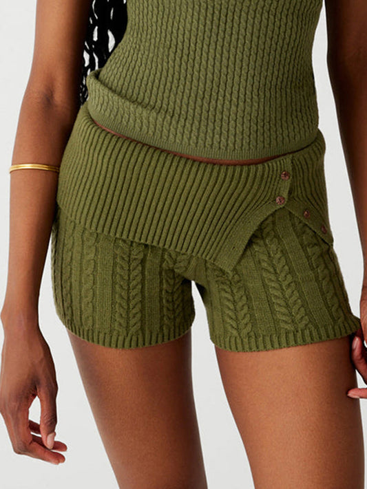 Green Vintage Knitted Button Slit Shorts