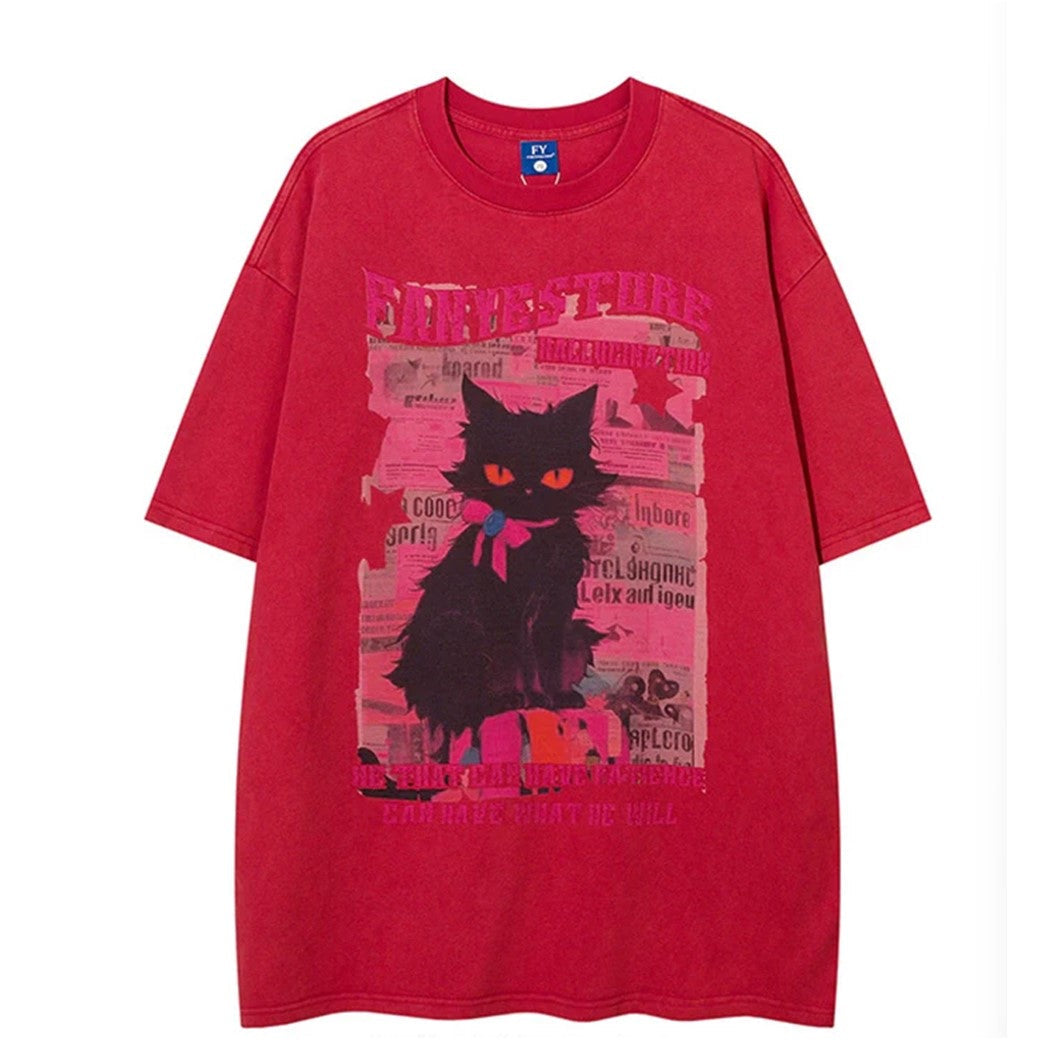 Contrasterende kleur Y2k kattenprint korte mouw T-shirt