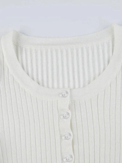 White Vintage Breasted Ribbed Long Sleeve Knit