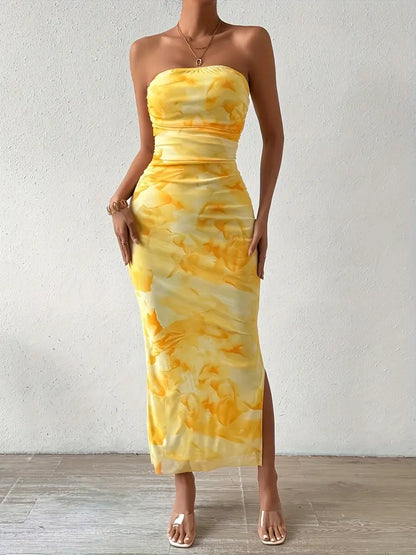 Yellow Floral Print Off Shoulder Backless Split Bodycon Tube Maxi Dress