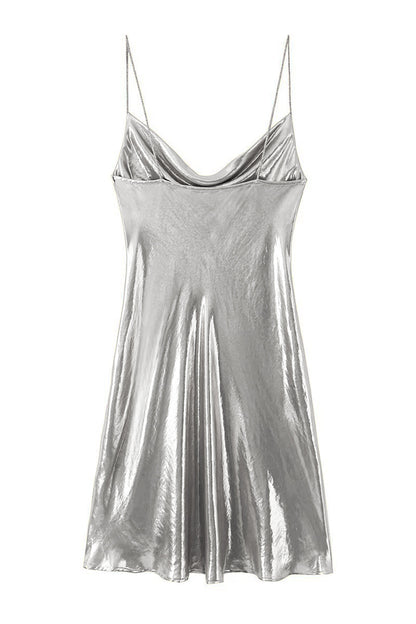 Y2k Metallic Slip Mini Jurk met Kaphals