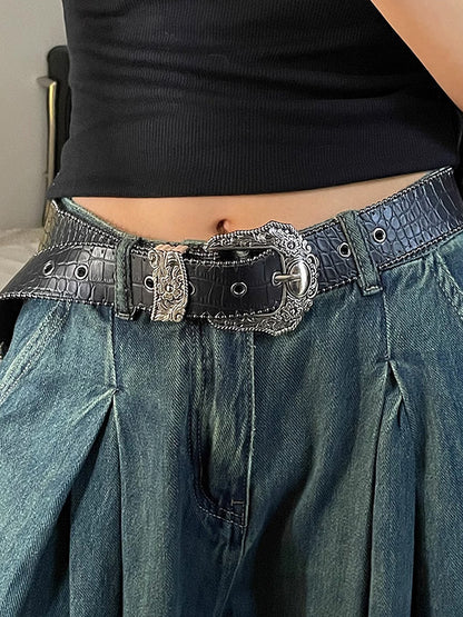 Ceinture à boucle vintage noire avec motif de crocodile gravé