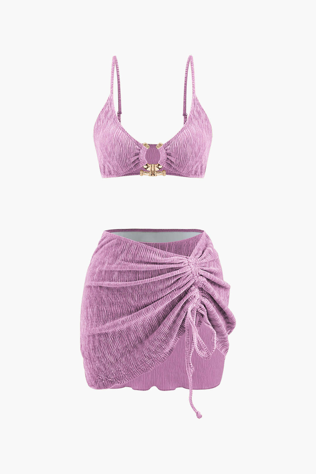 Ensemble 3 pièces bikini et paréo texturé en velours vintage de couleur unie