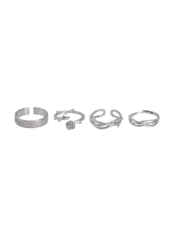 Silver Vintage 4pcs Thorn Rose Vine Cuff Ring Set