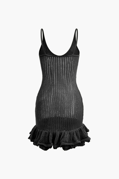 Effen kleur open gebreide cami mini-jurk met ruches en zoom