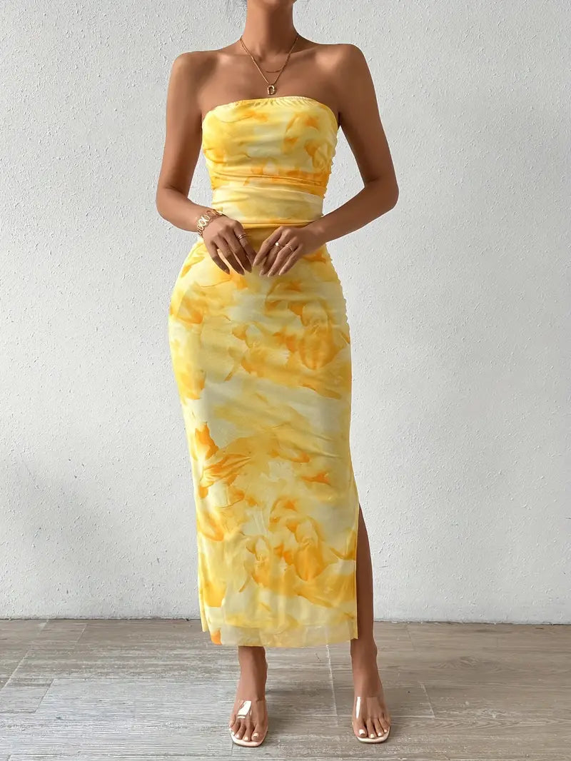 Gele bloemenprint off shoulder rugloze split bodycon tube maxi-jurk 