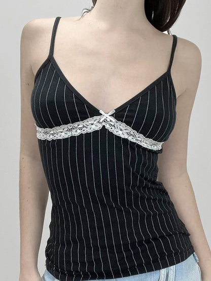 Black Vintage Lace Patchwork Striped V Neck Cami Top