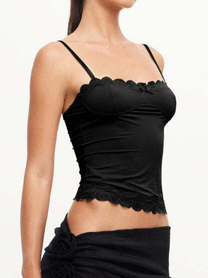 Zwarte vintage cami-top met kanten rand