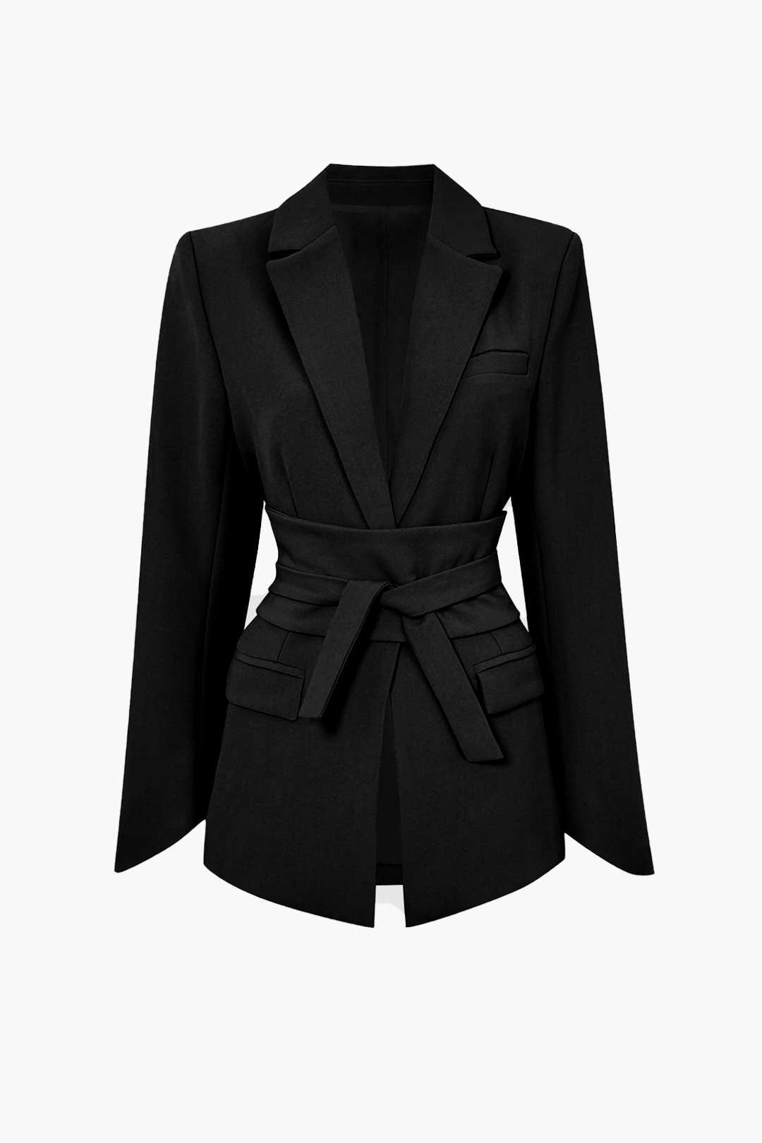 Solid Color Basic Notched Lapel Belted Blazer