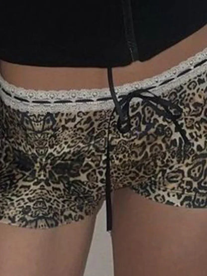 Punk Low Rise Leopard Print Shorts with Lace Trim