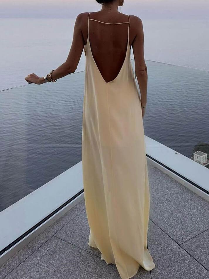 Beige Vintage Backless Vacation Long Dress with Crew Neck