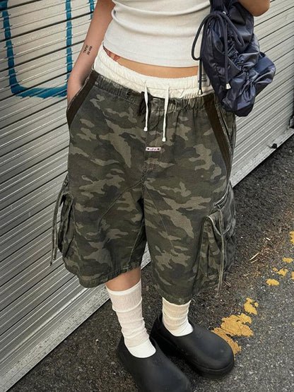 2000s Camouflage Trekkoord Denim Shorts met Driedimensionale Zak