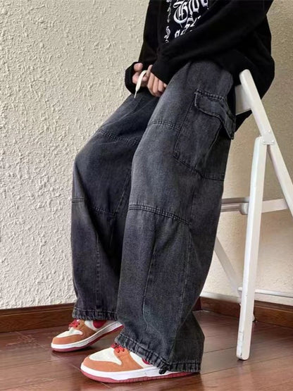 Jean cargo ample vintage noir pour hommes avec poches plaquées