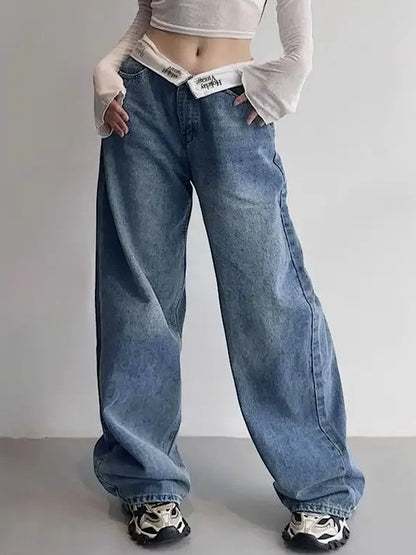 Hip Pop Boyfriend Jeans met gedraaide taille en patchwork